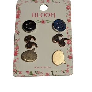 Mia Bloom Gold Tone Stud Earrings w/ Emoji Text Speech Bubbles Smiley Face 3 Pc